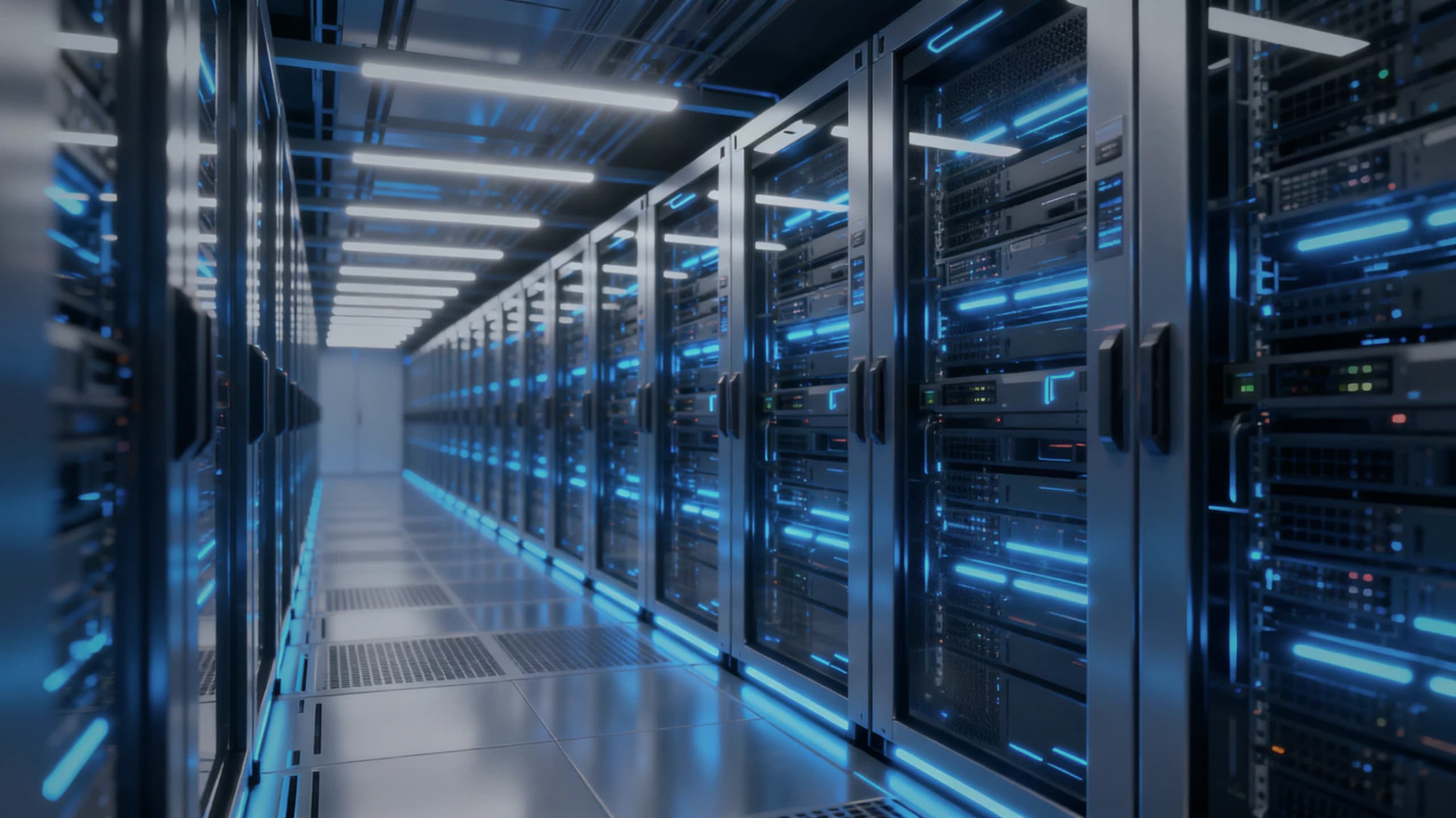 蓝白灯光下的 AI 服务器数据中心通道