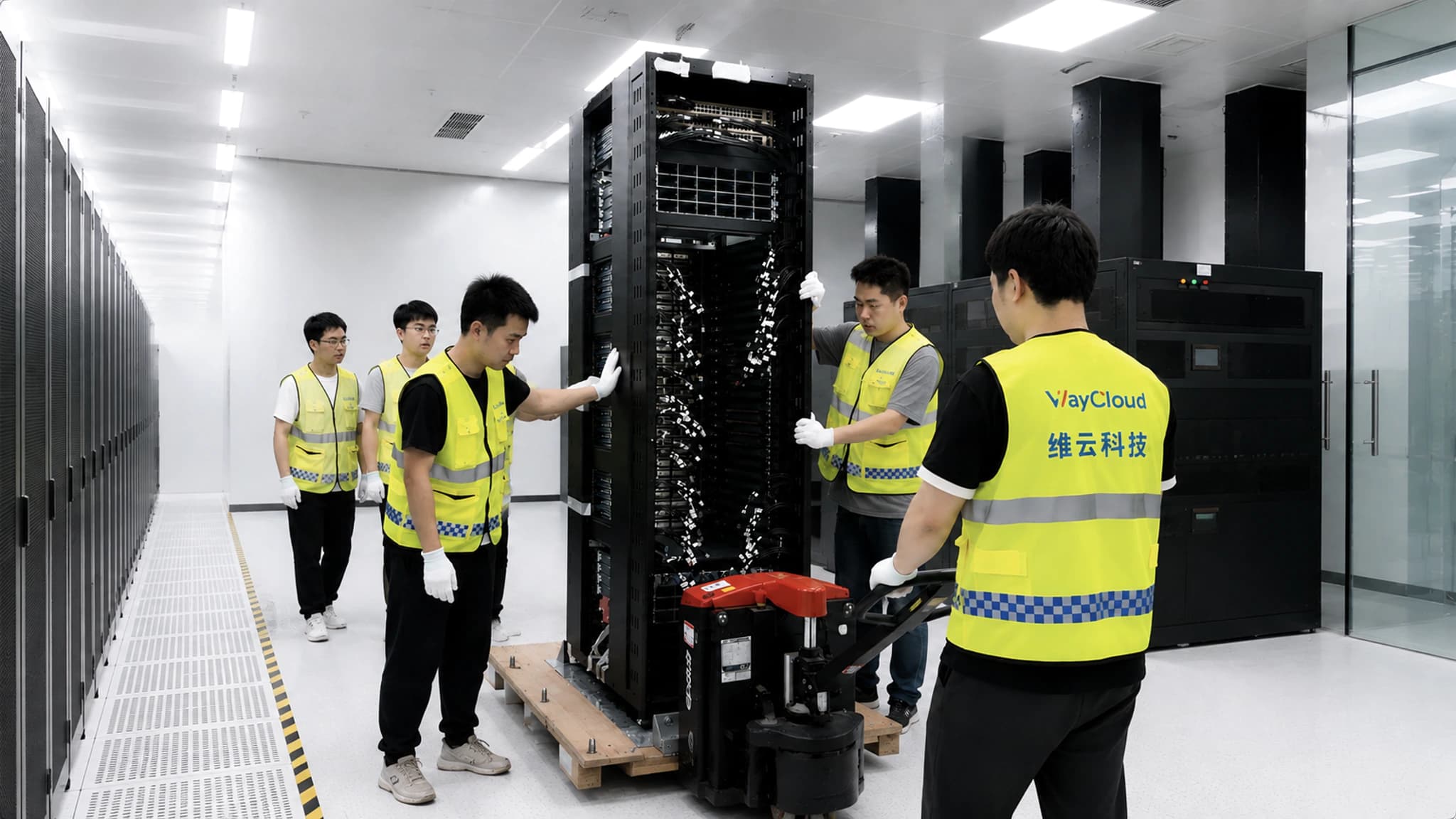 工程师协作将整机柜就位上架